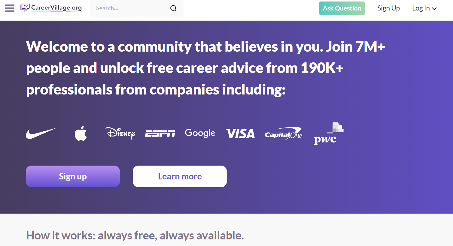 CareerVillage.org Best for: Getting free, personalized career advice from real professionals and an AI coach.