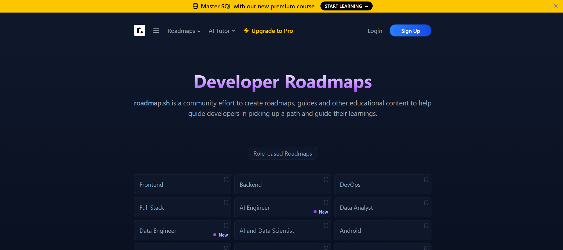 Developer Roadmaps (roadmap.sh) Best for: Visual learning paths to understand what to learn and in what order.