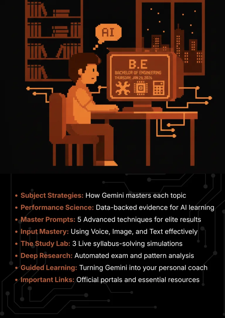 b.e, with Google Gemini 2026 AI Master Class roadmap and article sections overview.