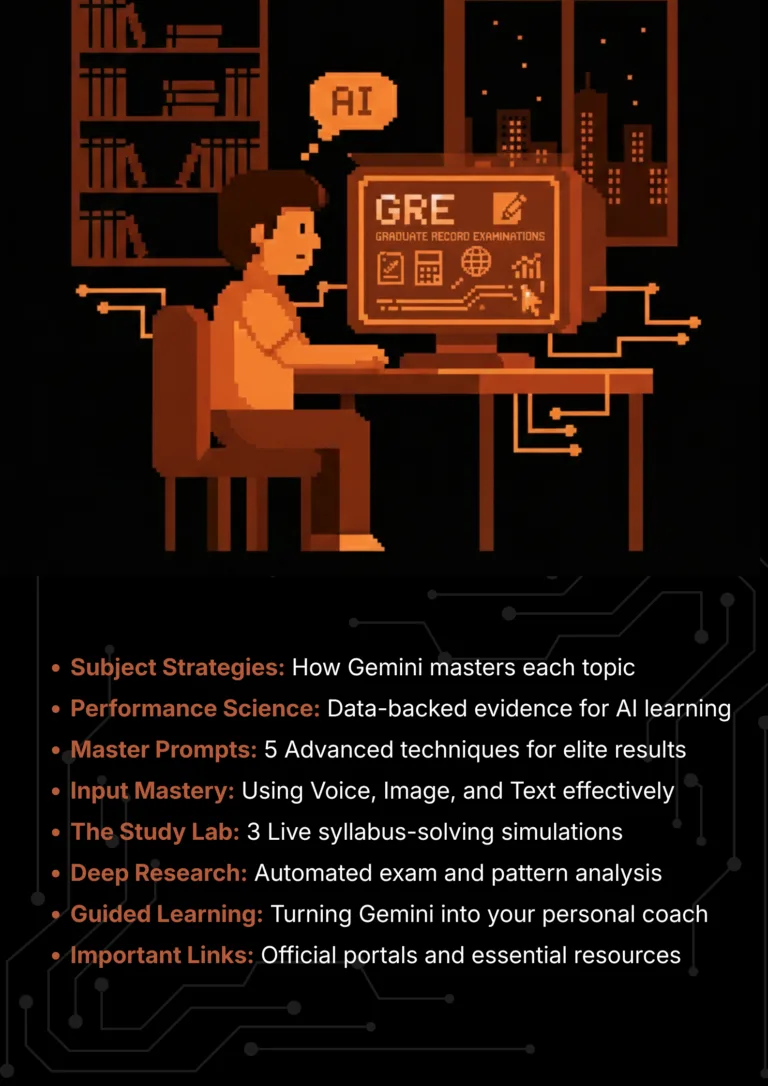 gre exam with Google Gemini 2026 AI Master Class roadmap and article sections overview.