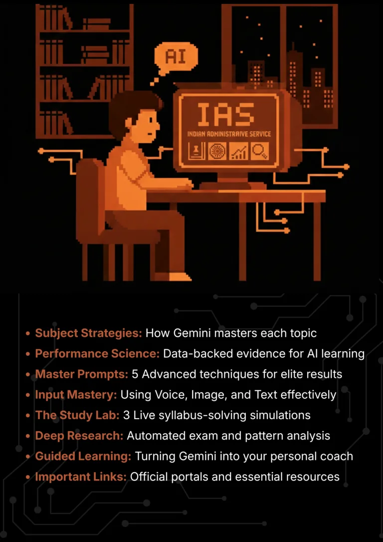 IAS exam with Google Gemini 2026 AI Master Class roadmap and article sections overview.