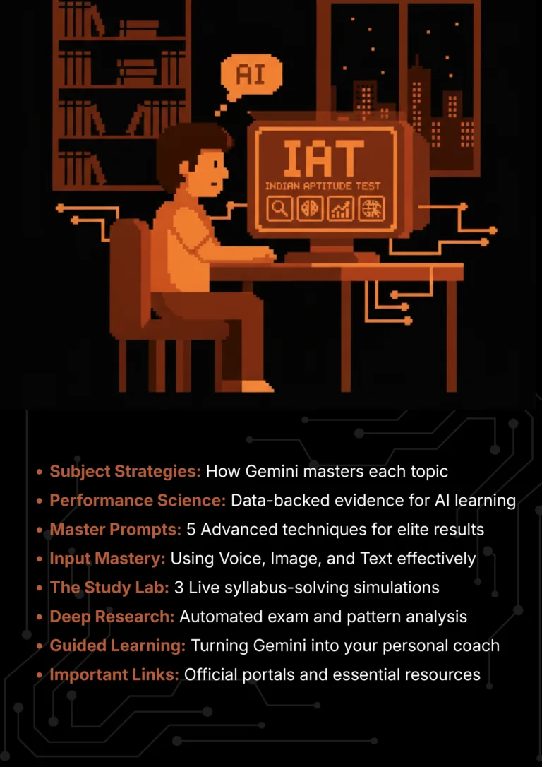 IAT exam with Google Gemini 2026 AI Master Class roadmap and article sections overview.